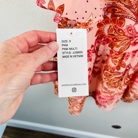 Julia Jordan Ruffled Flounce Bell Sleeve Floral Paisley Pink Midi Dress 8 NWT - Picture 12 of 16